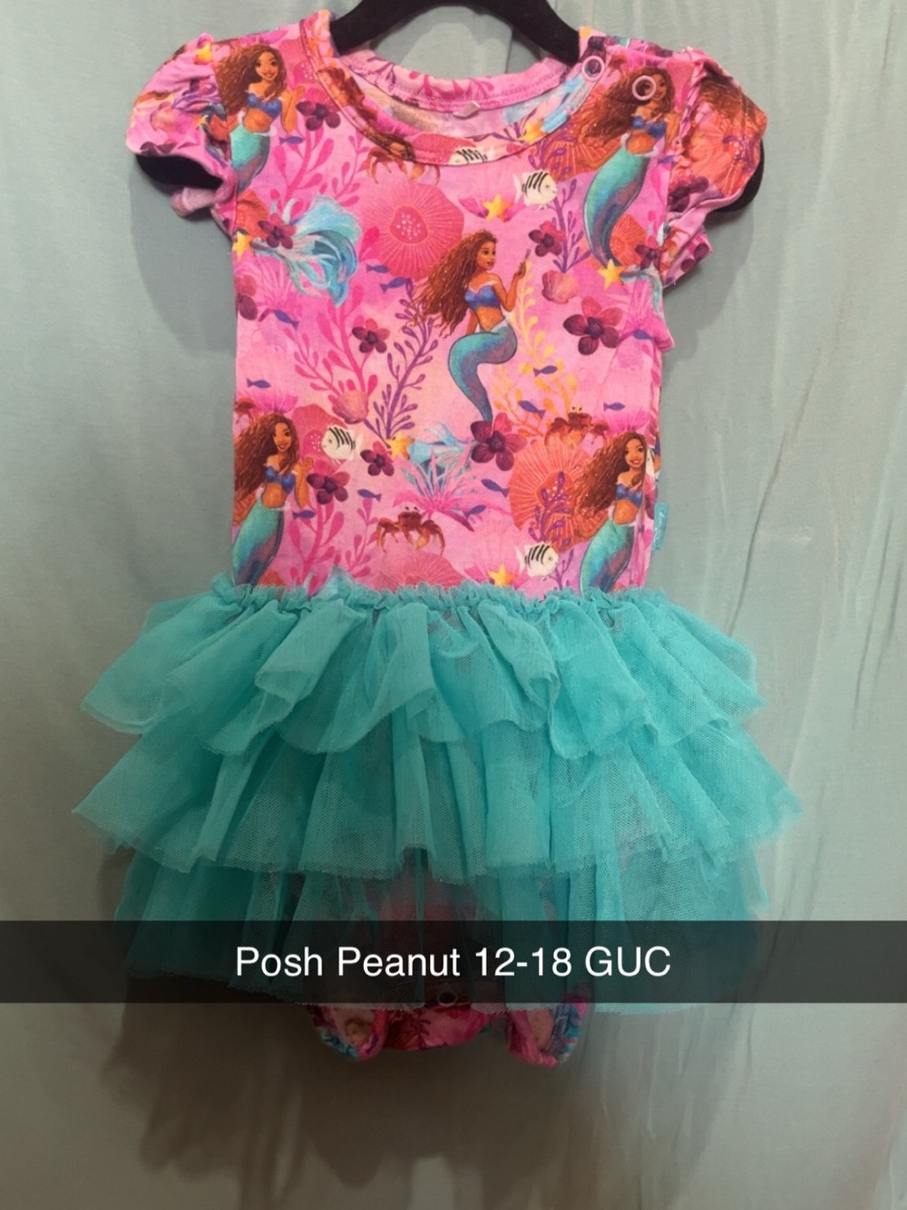Posh Peanut Pink Mermaid Print Dress with Teal Tulle Skirt